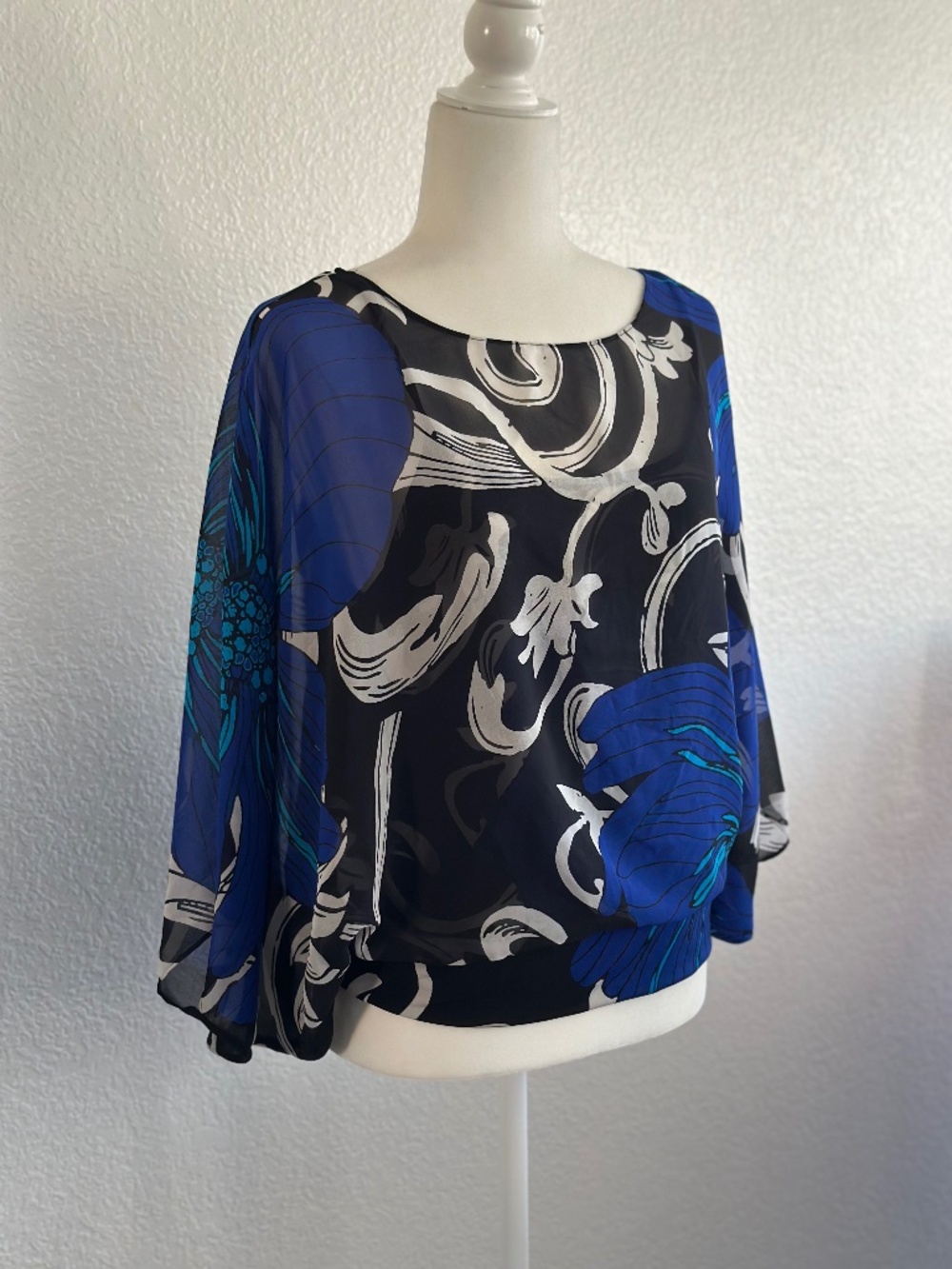 Alfani Petite Blue Black Abstract Floral Sheer Overlay Blouse Bell Sleeve Top